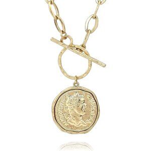 Chunky Thick Coin Necklace Trendy Fashion Statement Toggle Necklace Worn Gold To